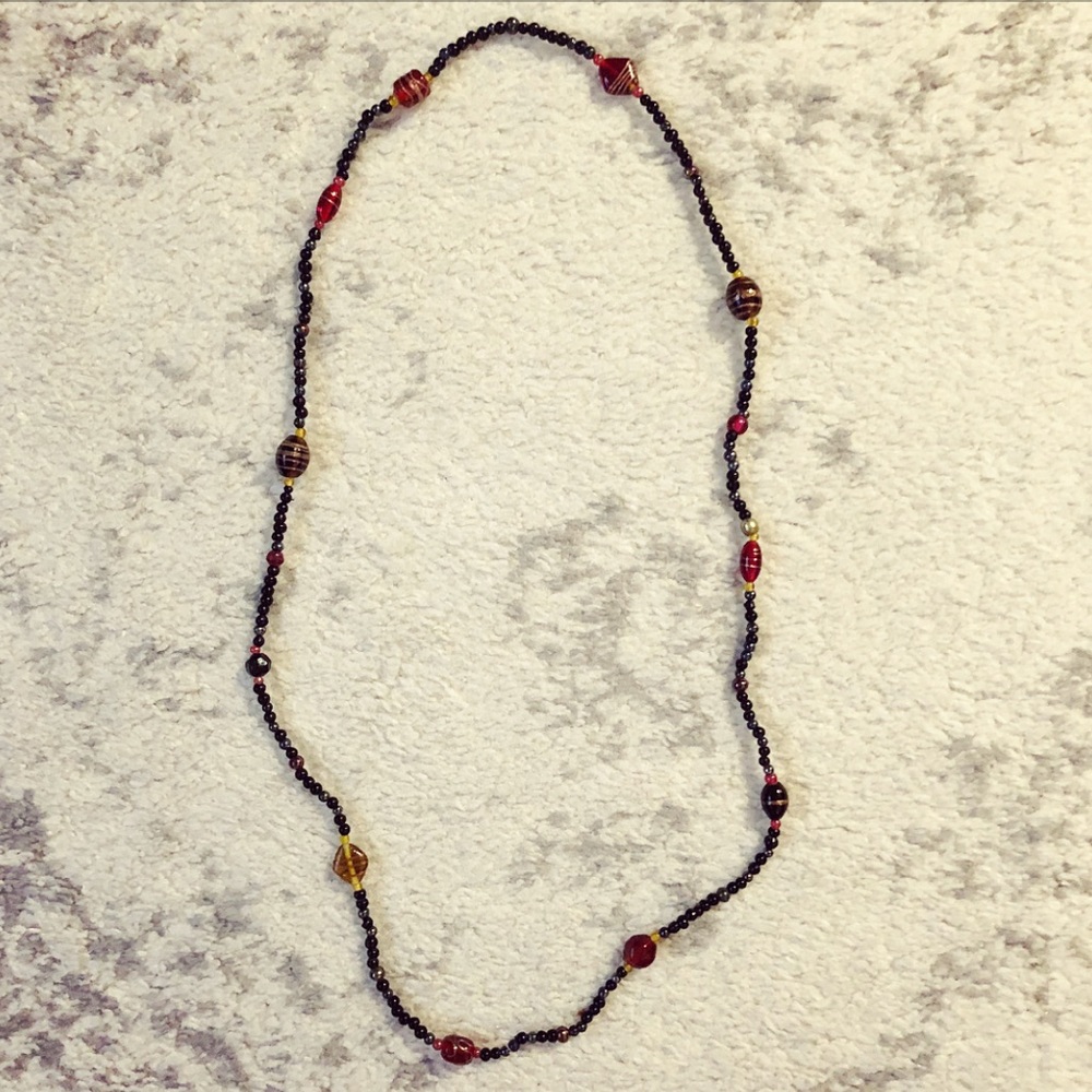 Long black, red & purple beaded pullover necklace